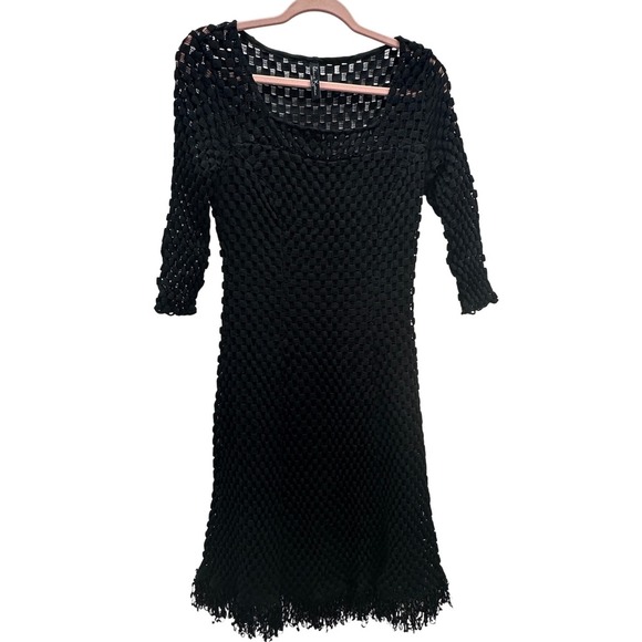 Elana Kattan Black Mesh Witchy Boho Crochet Dress 3/4 Sleeve Fringe Hem Size M - Picture 1 of 9